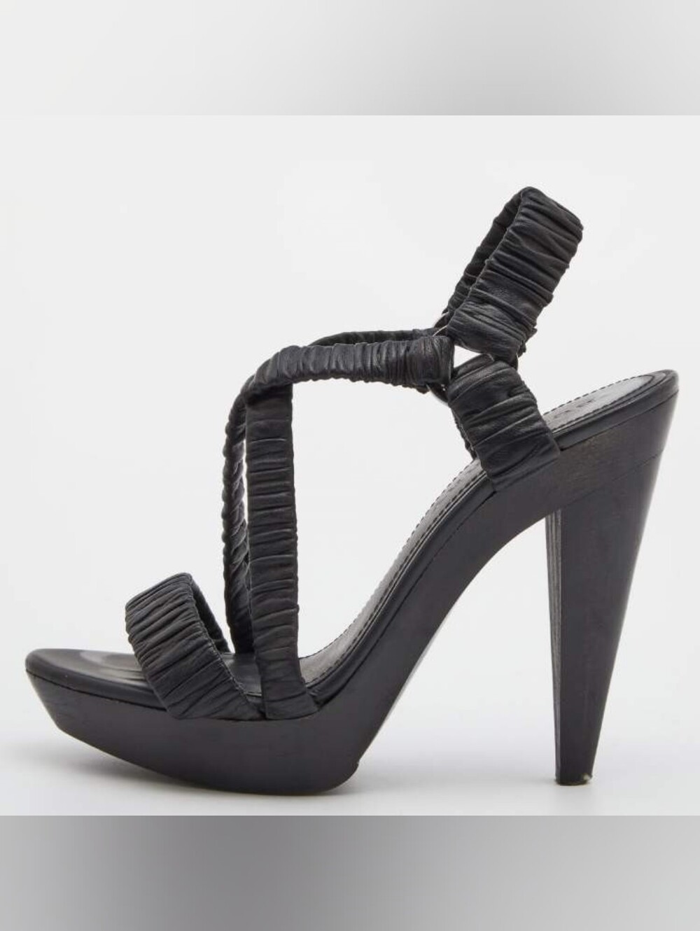 Burberry Black Ruched Leather Strappy Platform High Heel Sandals 38